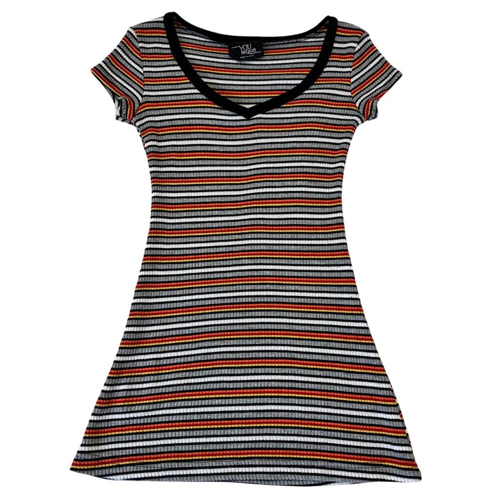 Younique 90s Y2K Rib Knit Mini Shirt Dress Striped V-Neck Size S Skater Preppy